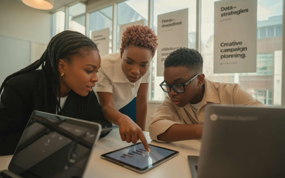 Trois jeunes adultes analysent des données sur une tablette dans un bureau lumineux, entourés d'ordinateurs portables et de posters.