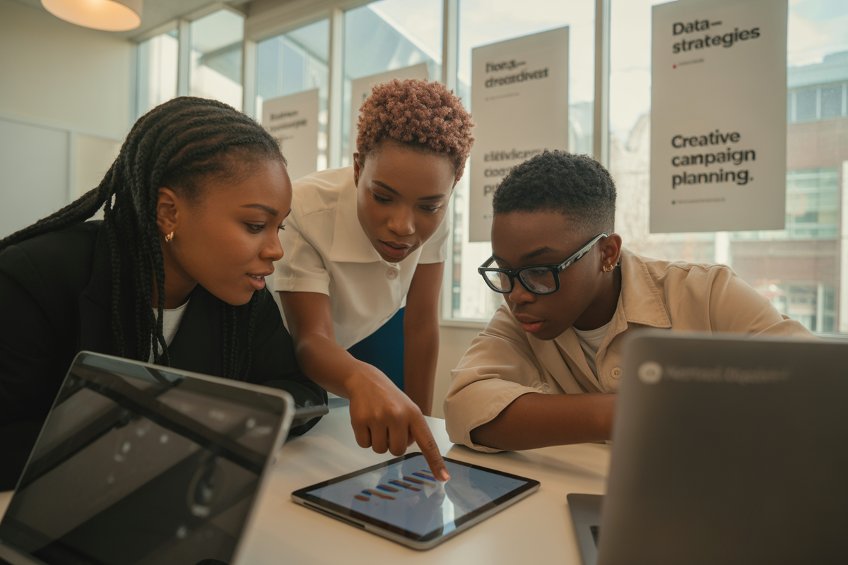 Trois jeunes adultes analysent des données sur une tablette dans un bureau lumineux, entourés d'ordinateurs portables et de posters.