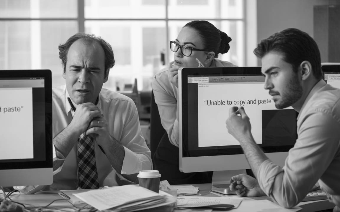 Trois travailleurs de bureau visiblement frustrés devant des ordinateurs, l'un montrant un message d'erreur "Unable to copy and paste".