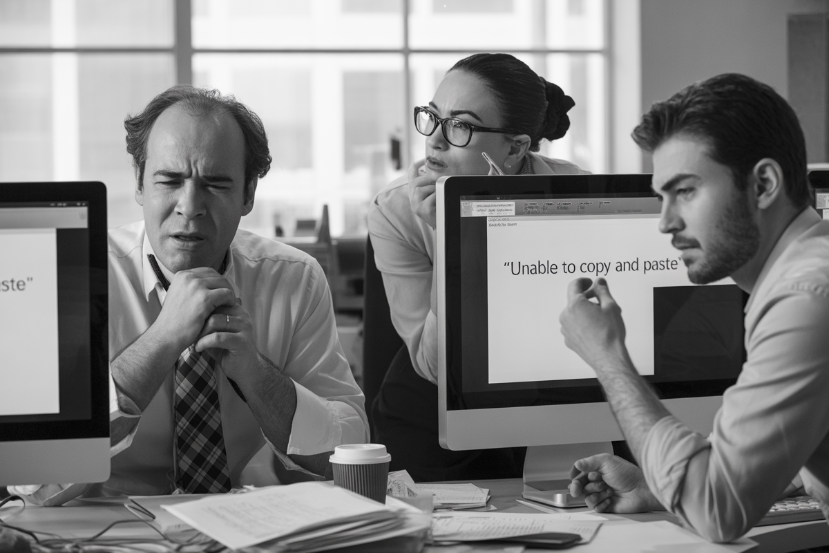 Trois travailleurs de bureau visiblement frustrés devant des ordinateurs, l'un montrant un message d'erreur "Unable to copy and paste".