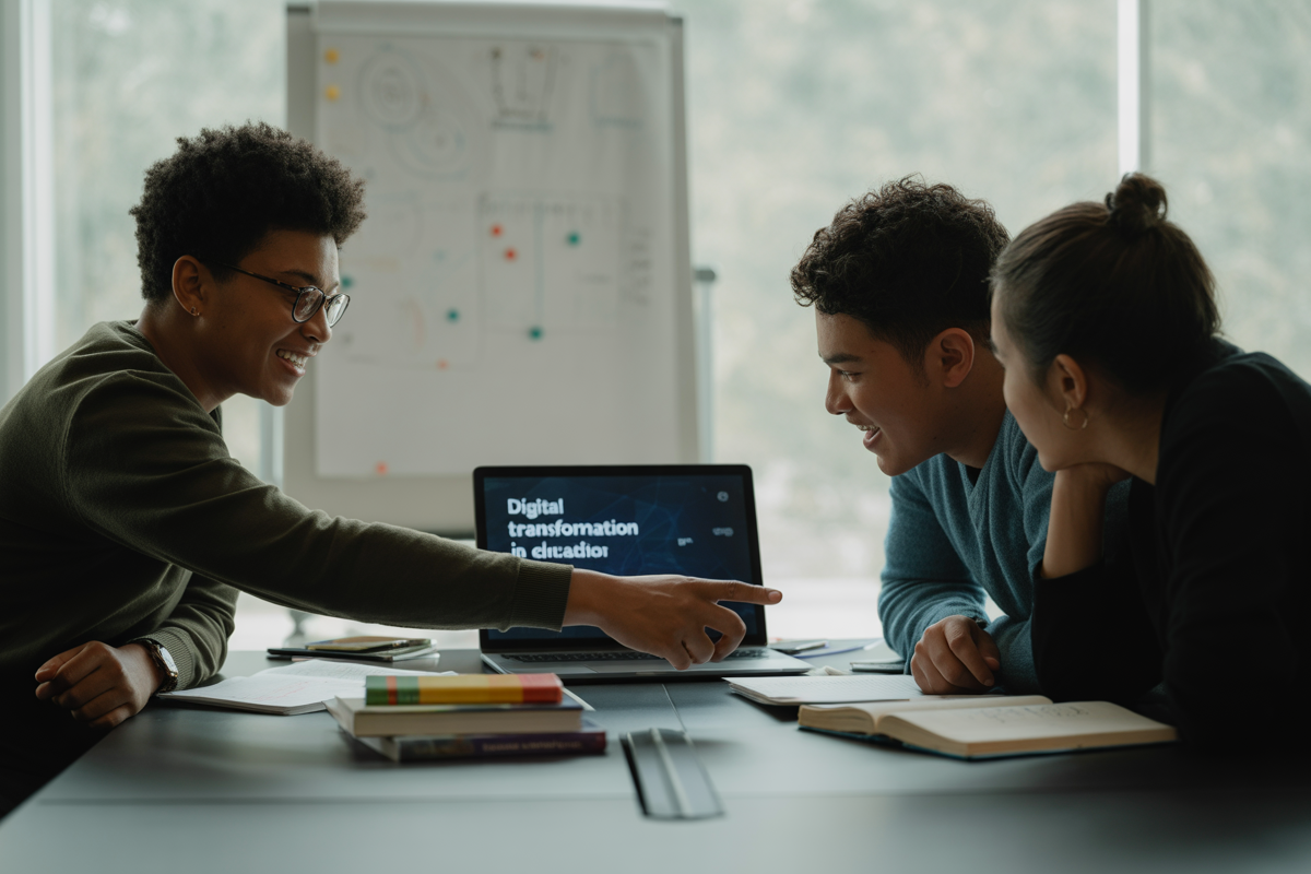 Trois personnes discutent autour d'une table, examinant un ordinateur portable affichant une présentation sur la transformation numérique.