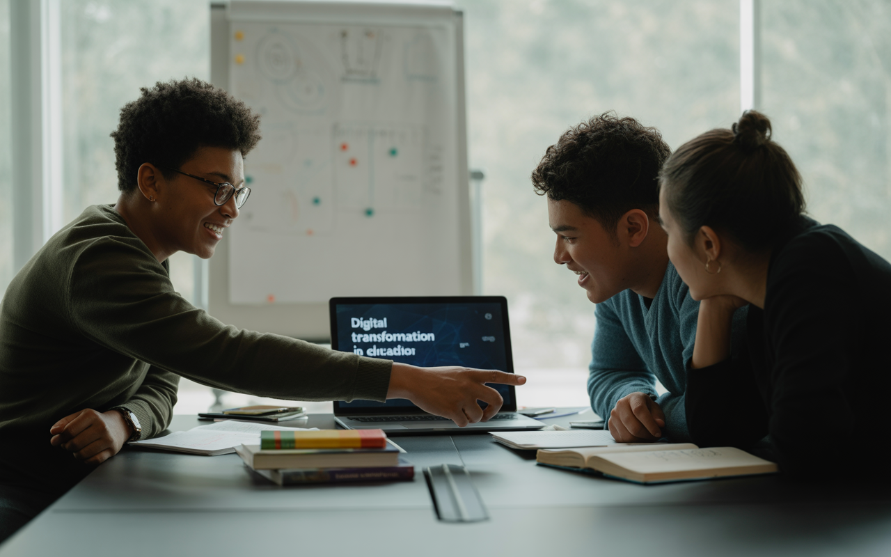 Trois personnes discutent autour d'une table, examinant un ordinateur portable affichant une présentation sur la transformation numérique.