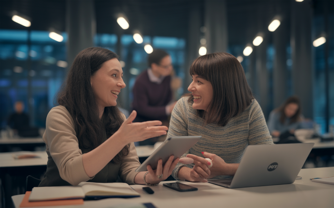 Deux femmes conversent joyeusement autour d'une table, l'une tenant une tablette et l'autre un ordinateur portable, dans un environnement lumineux.