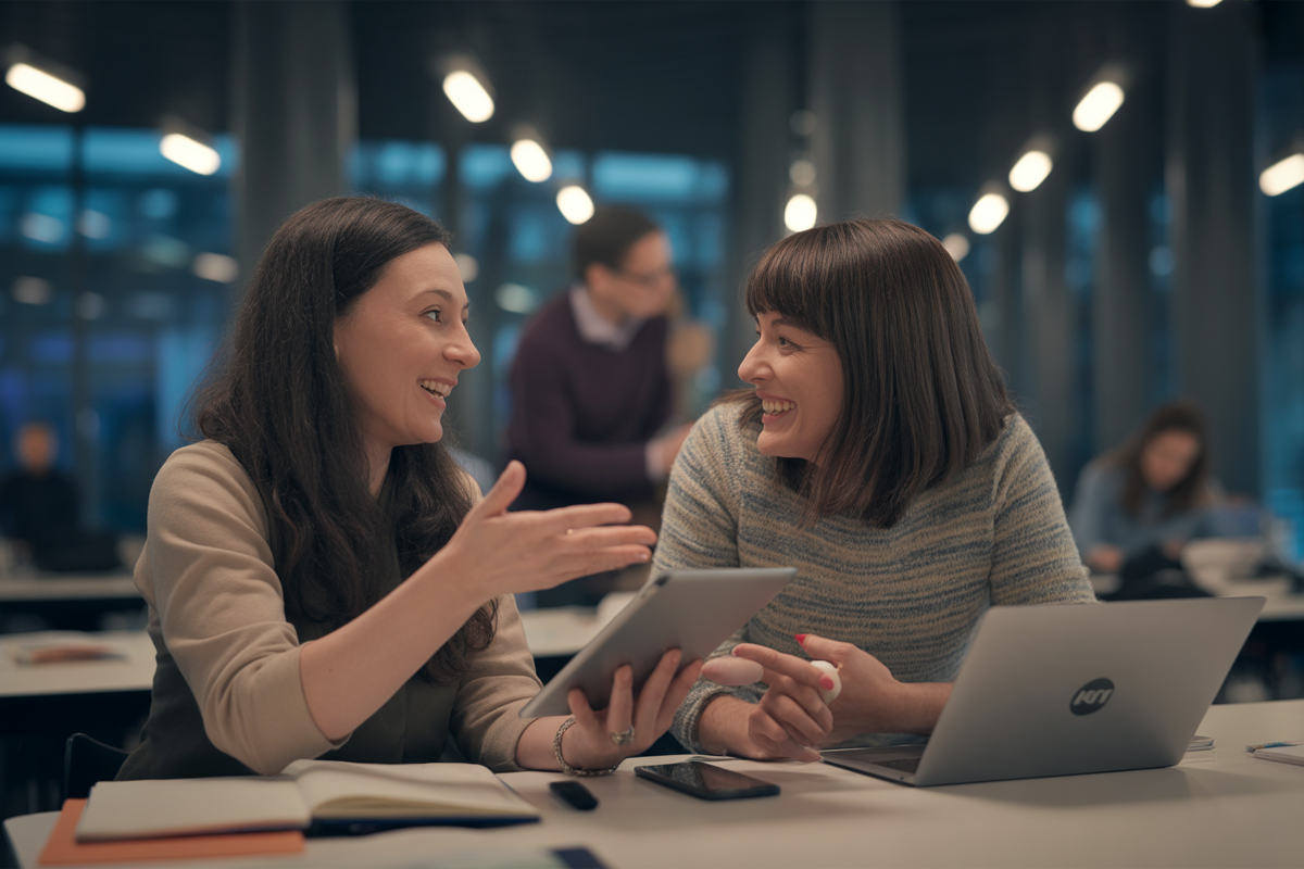 Deux femmes conversent joyeusement autour d'une table, l'une tenant une tablette et l'autre un ordinateur portable, dans un environnement lumineux.