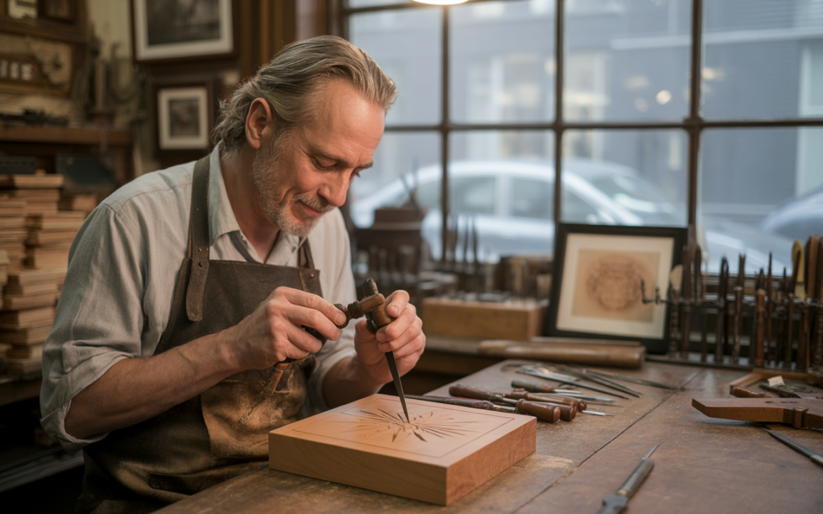 Un artisan menuisier sculpte un motif sur un planche de bois dans son atelier, entouré d'outils de travail.