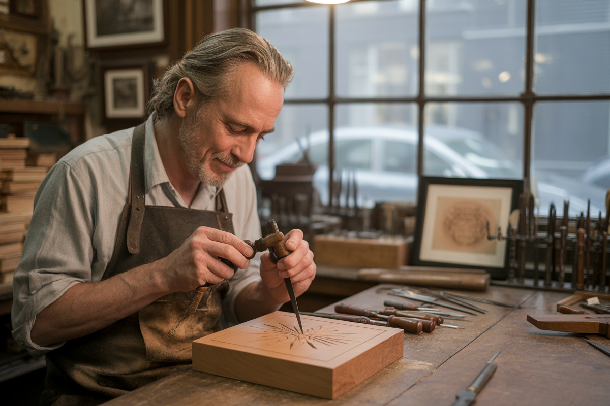 Un artisan menuisier sculpte un motif sur un planche de bois dans son atelier, entouré d'outils de travail.