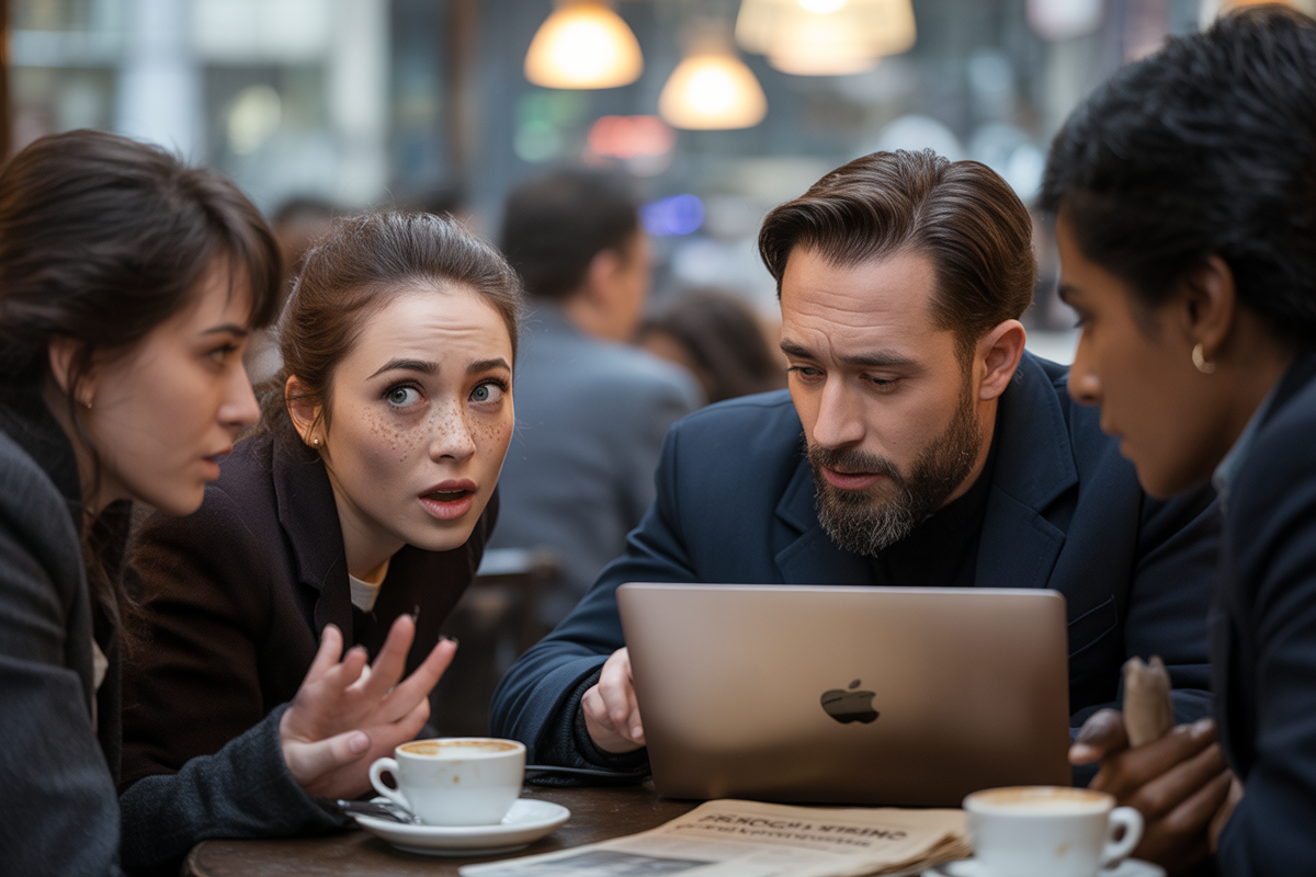 Quatre personnes discutent autour d'une table dans un café, captivées par un ordinateur portable, avec des tasses de café devant elles.