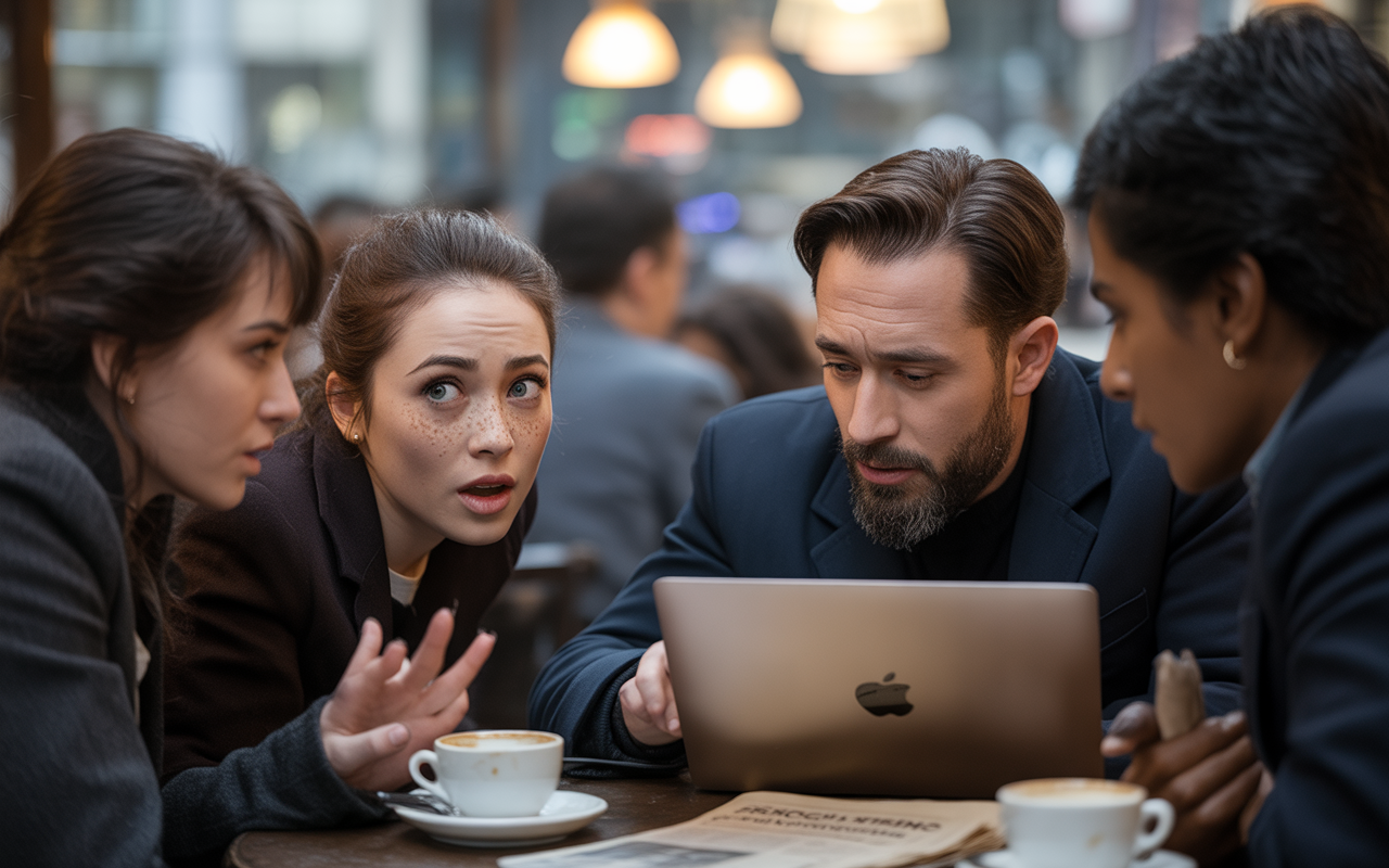 Quatre personnes discutent autour d'une table dans un café, captivées par un ordinateur portable, avec des tasses de café devant elles.