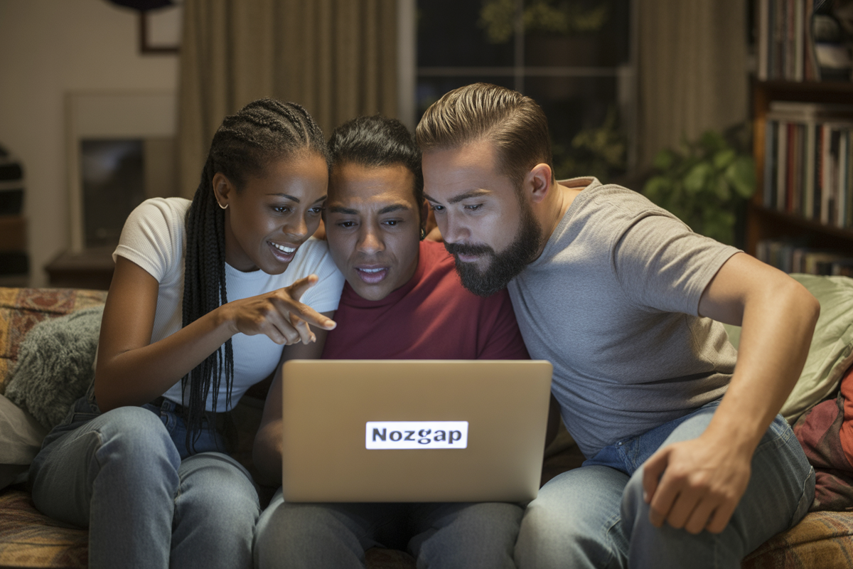 Trois personnes regardent un ordinateur portable, souriantes et attentives, assises sur un canapé dans un cadre intérieur confortable.