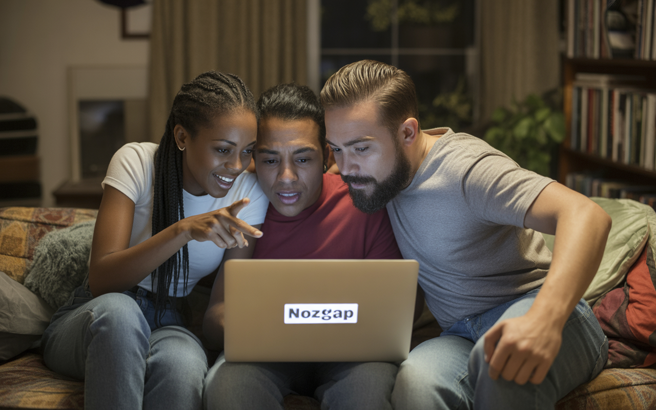 Trois personnes regardent un ordinateur portable, souriantes et attentives, assises sur un canapé dans un cadre intérieur confortable.