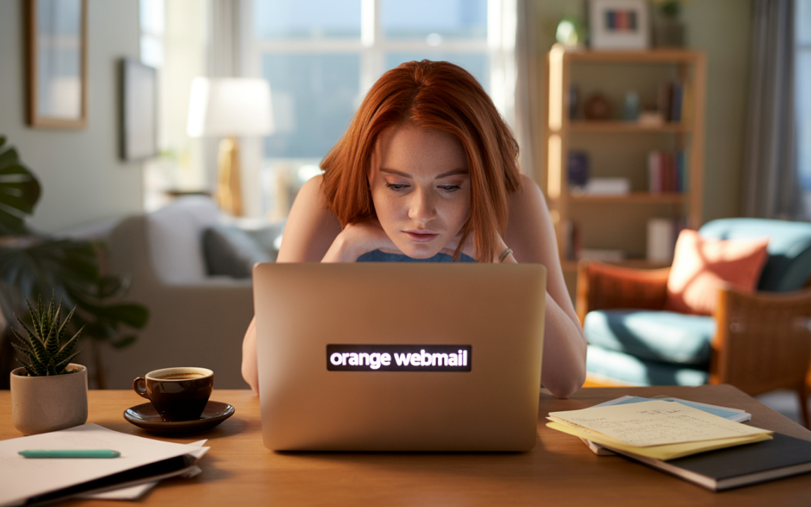 Femme rousse travaillant sur un ordinateur portable dans un intérieur lumineux, avec une tasse de café et des notes à proximité.