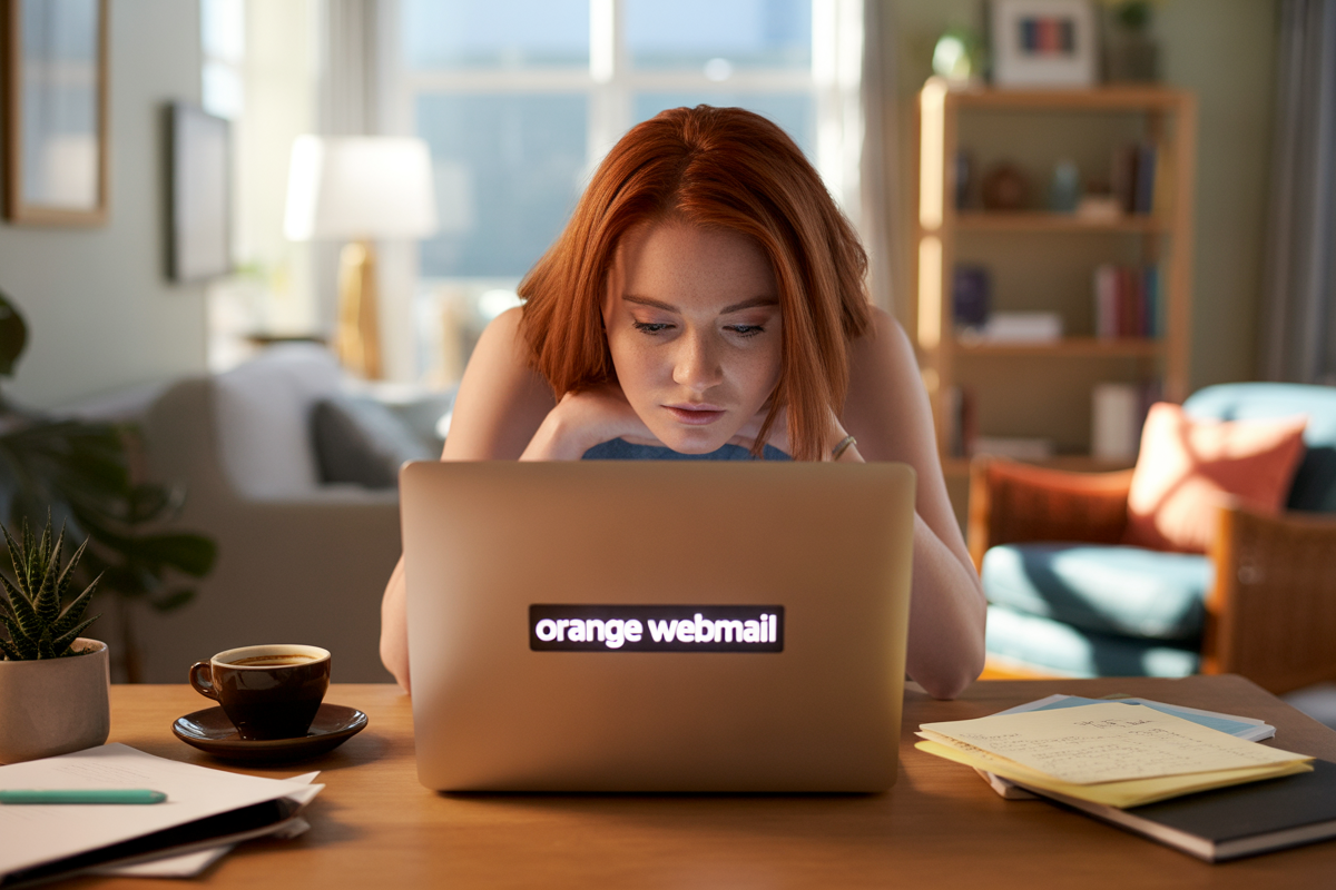 Femme rousse travaillant sur un ordinateur portable dans un intérieur lumineux, avec une tasse de café et des notes à proximité.