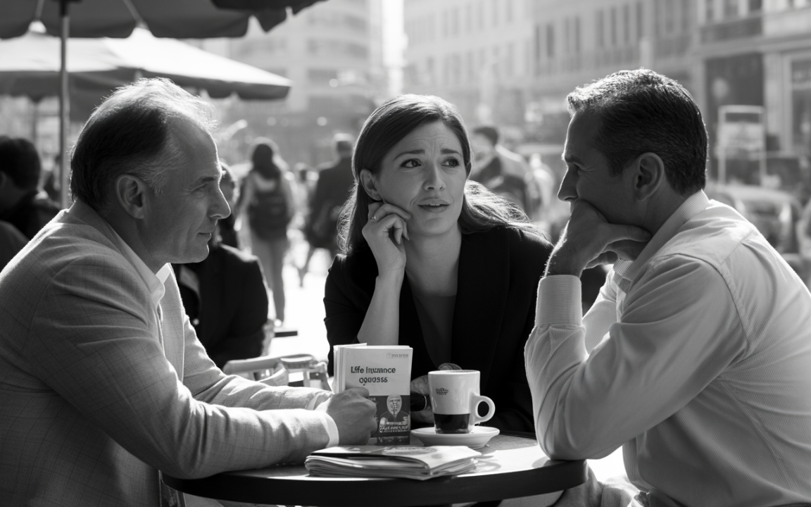 Trois personnes discutent autour d'une table dans un café, un homme et une femme au centre, avec un livre et des tasses.