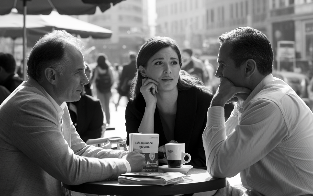 Trois personnes discutent autour d'une table dans un café, un homme et une femme au centre, avec un livre et des tasses.