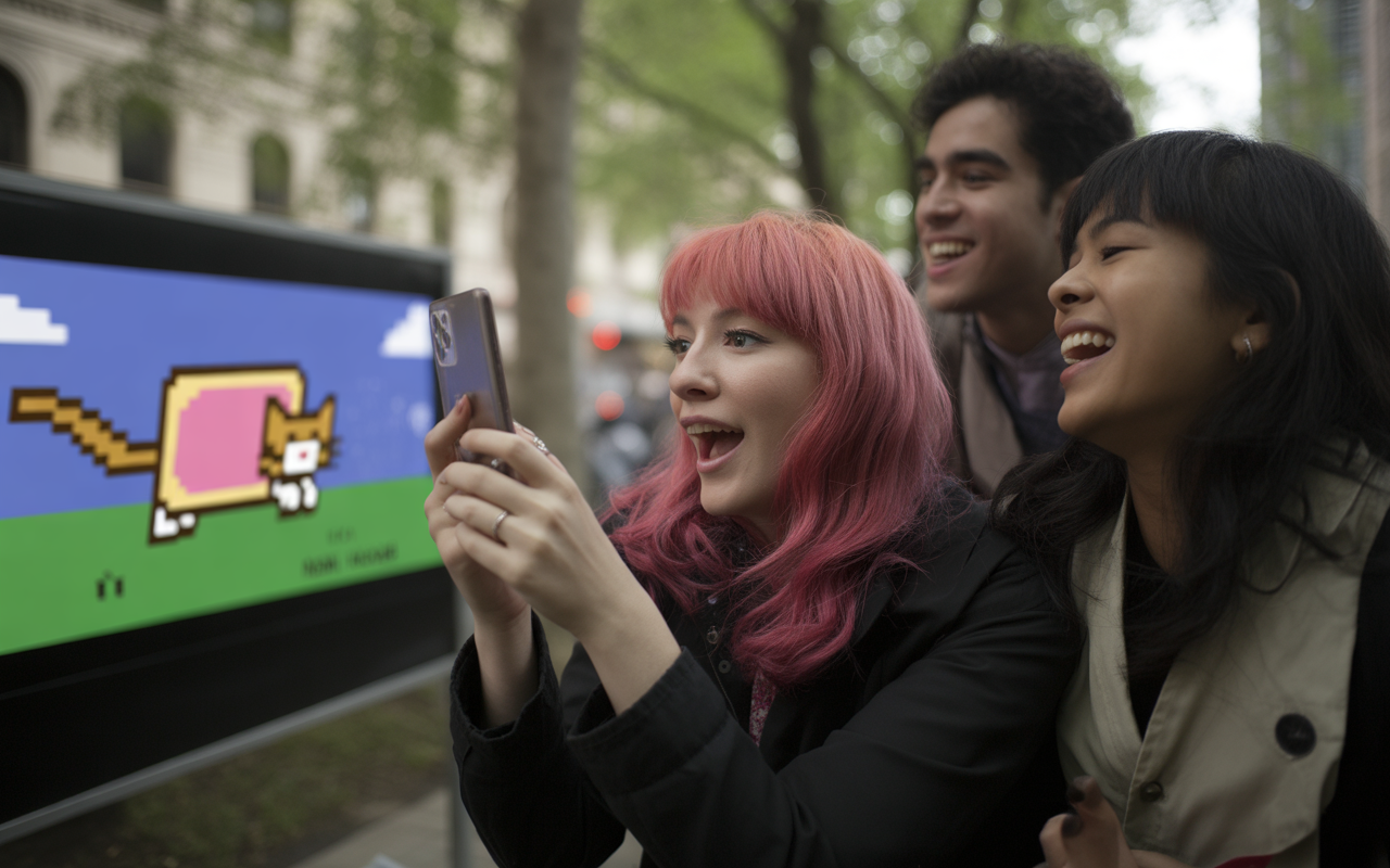 Trois jeunes adultes admirent une œuvre d'art numérique d'un chat pixelisé sur un écran, souriant et prenant des photos.