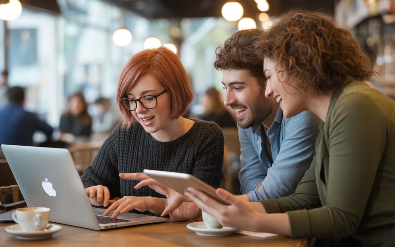 Trois personnes souriantes collaborent autour d'un ordinateur portable et d'une tablette dans un café lumineux et convivial.