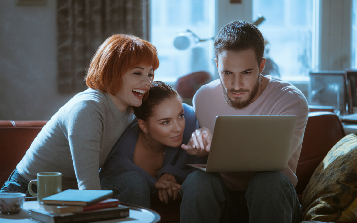 Trois jeunes adultes rient ensemble tout en consultant un ordinateur portable dans un salon cozy. Des livres et tasses sont visibles.