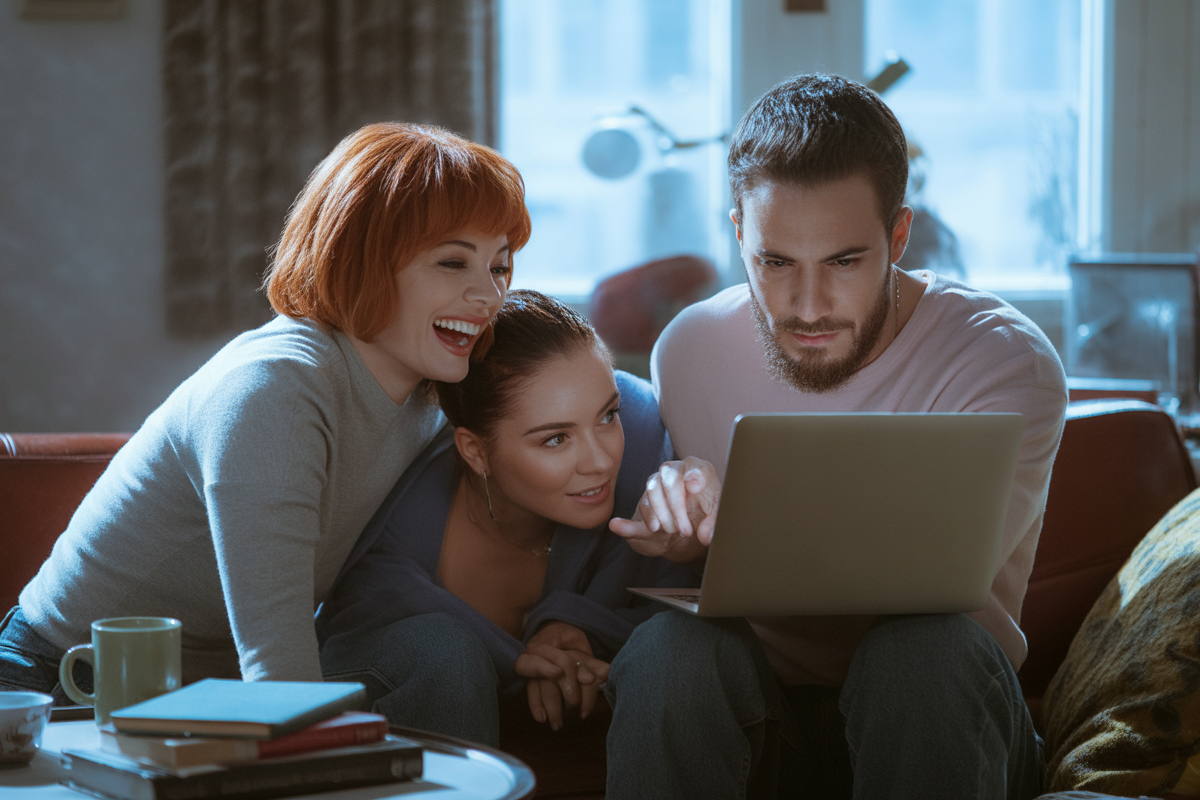 Trois jeunes adultes rient ensemble tout en consultant un ordinateur portable dans un salon cozy. Des livres et tasses sont visibles.
