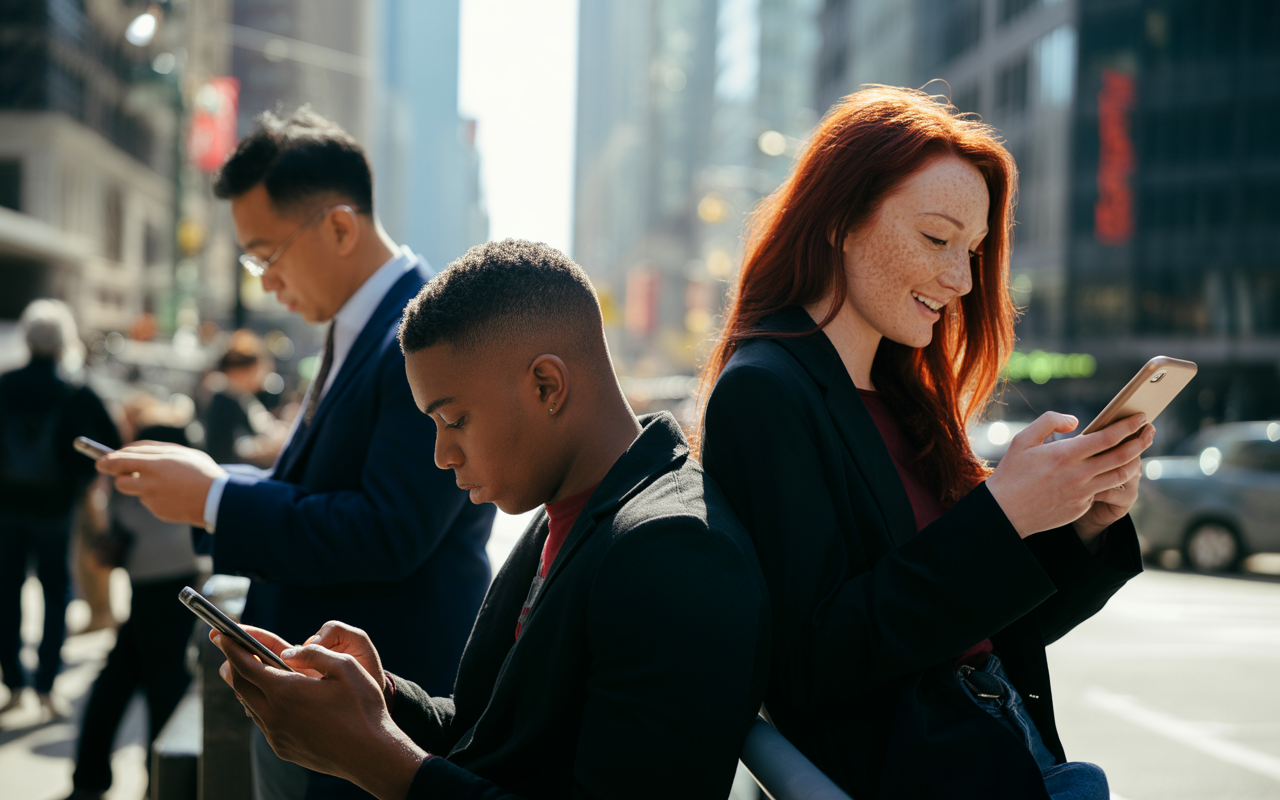 Trois personnes en costume consultent leur smartphone dans une rue animée, avec un décor urbain en arrière-plan.