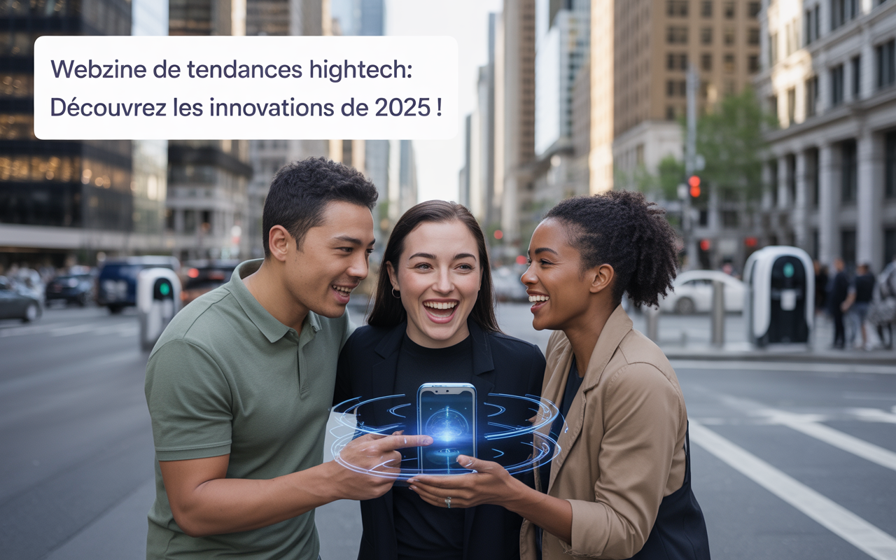 Trois personnes joyeuses partagent un smartphone devant un environnement urbain moderne, illustrant les tendances technologiques de 2025.