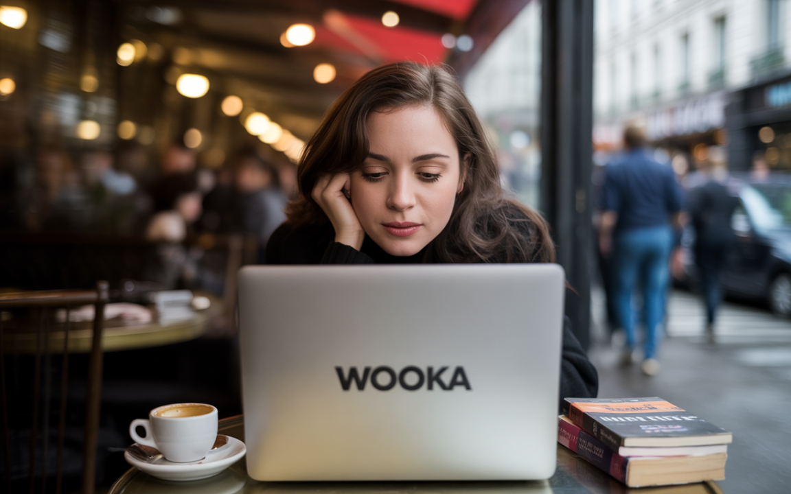 Femme concentrée travaillant sur un ordinateur portable dans un café, avec une tasse de café et des livres à côté.