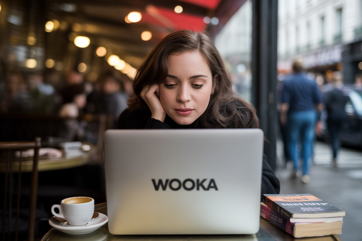 Femme concentrée travaillant sur un ordinateur portable dans un café, avec une tasse de café et des livres à côté.