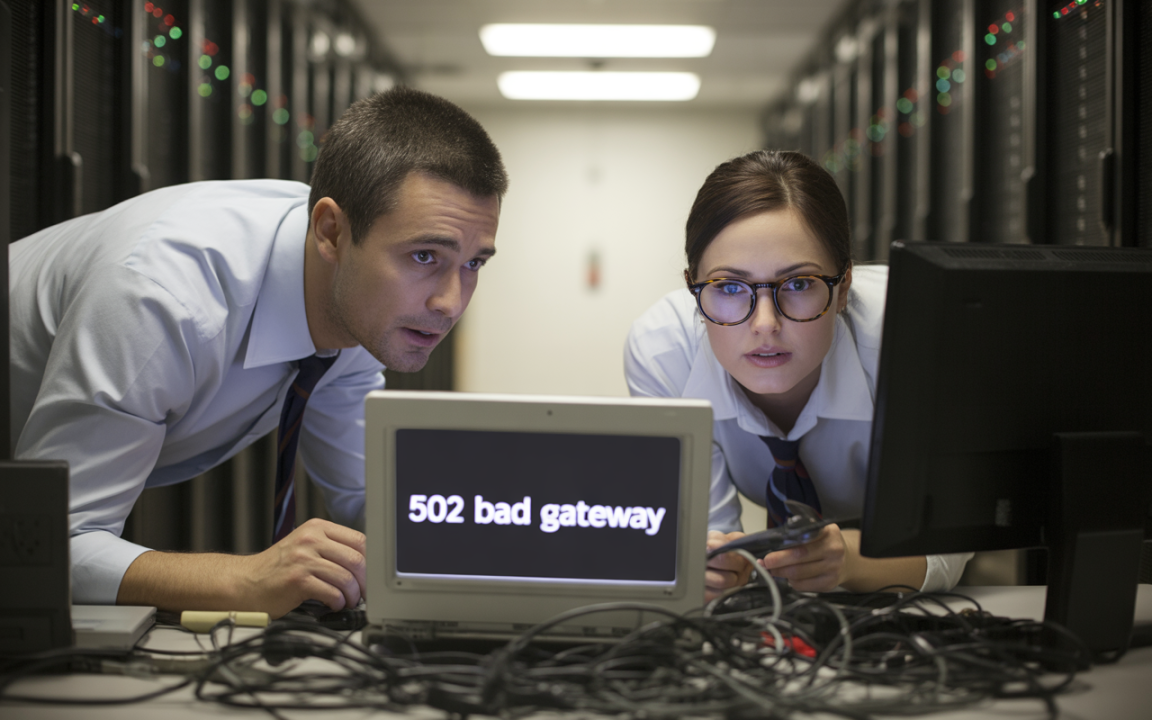 Deux techniciens, concentrés, regardent un écran affichant "502 bad gateway" dans une salle de serveurs encombrée de câbles.