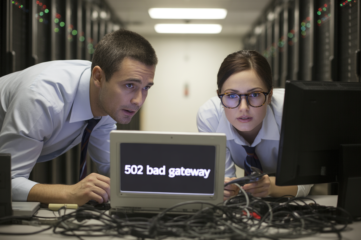 Deux techniciens, concentrés, regardent un écran affichant "502 bad gateway" dans une salle de serveurs encombrée de câbles.