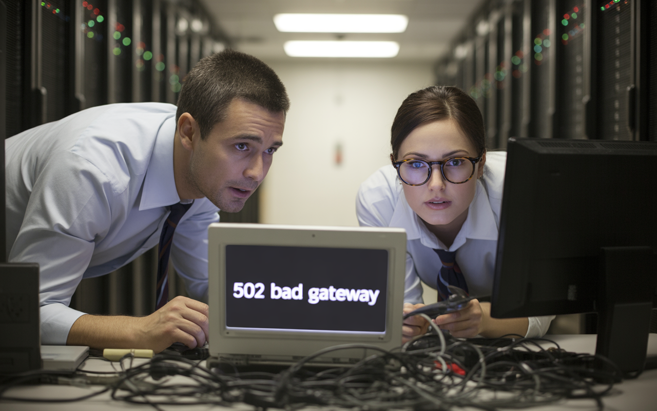 Deux techniciens, concentrés, regardent un écran affichant "502 bad gateway" dans une salle de serveurs encombrée de câbles.