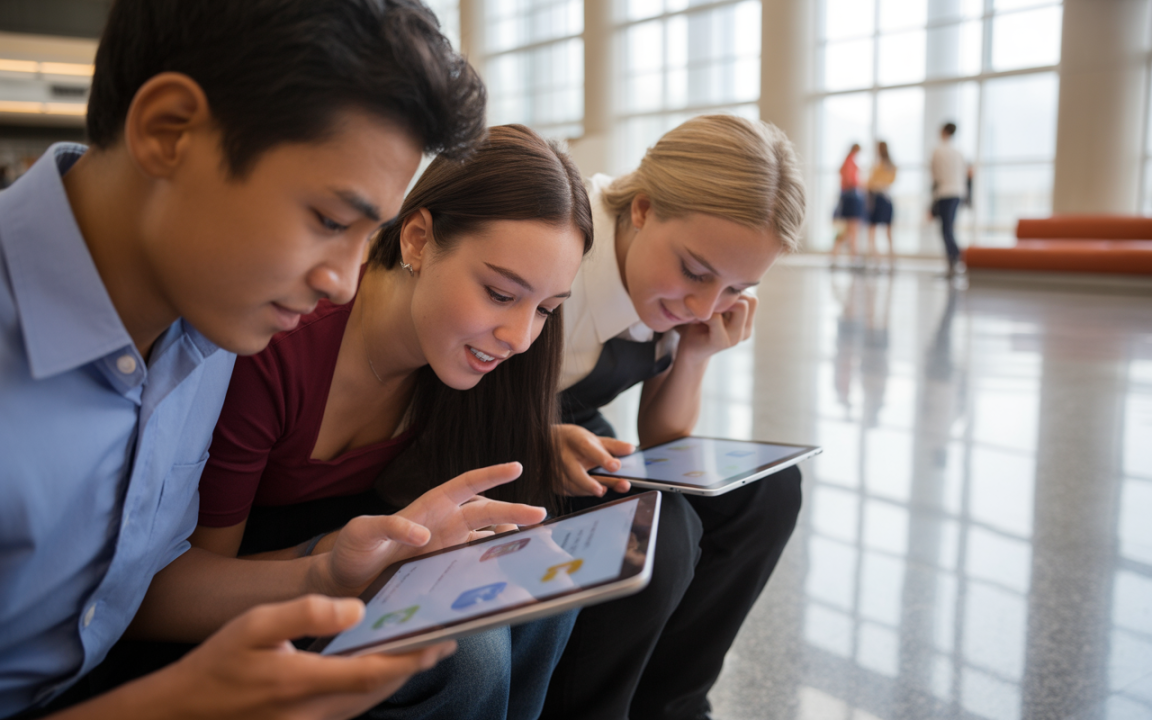 Trois jeunes adolescents utilisent des tablettes, concentrés, assis sur un sol brillant, dans un espace intérieur lumineux.
