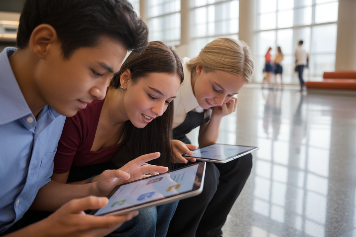 Trois jeunes adolescents utilisent des tablettes, concentrés, assis sur un sol brillant, dans un espace intérieur lumineux.