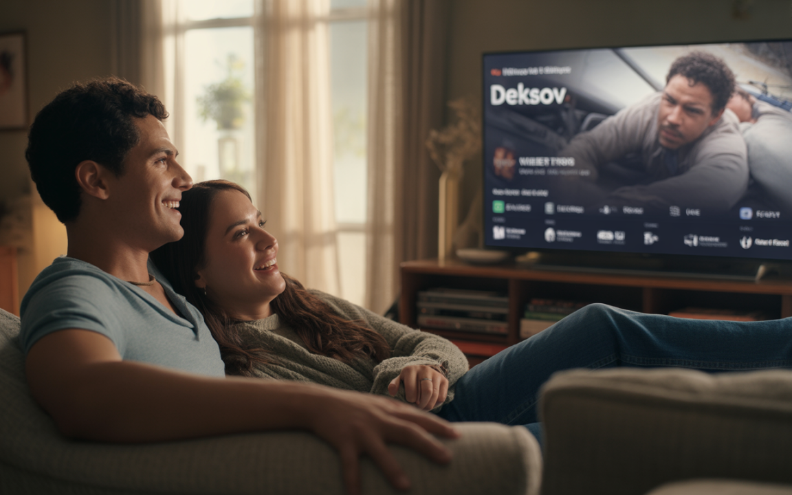 Un couple souriant regarde un film sur un téléviseur, assis sur un canapé confortable. Lumière naturelle et ambiance chaleureuse.