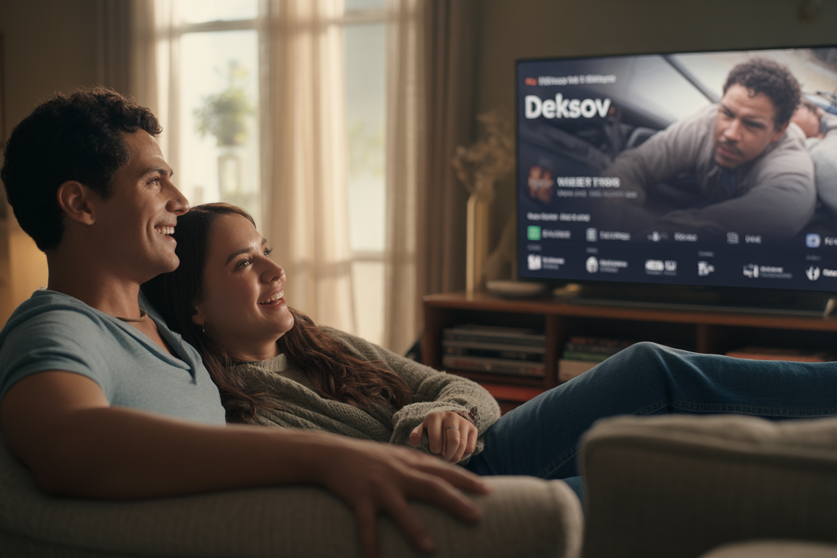 Un couple souriant regarde un film sur un téléviseur, assis sur un canapé confortable. Lumière naturelle et ambiance chaleureuse.