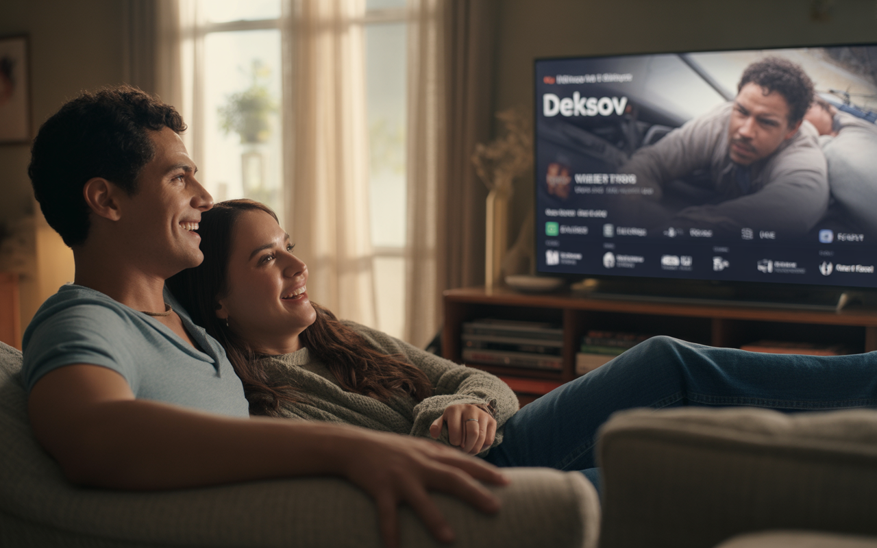 Un couple souriant regarde un film sur un téléviseur, assis sur un canapé confortable. Lumière naturelle et ambiance chaleureuse.
