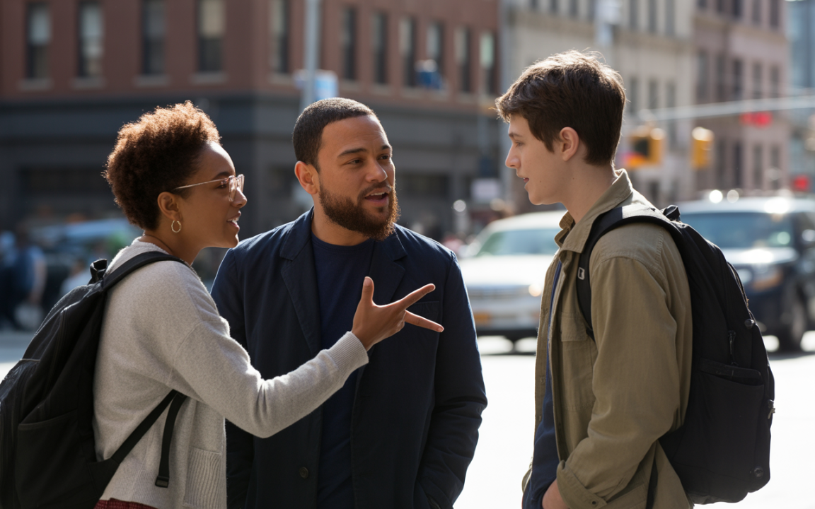 Trois jeunes adultes discutent sur un trottoir urbain, avec des bâtiments et des voitures en arrière-plan.