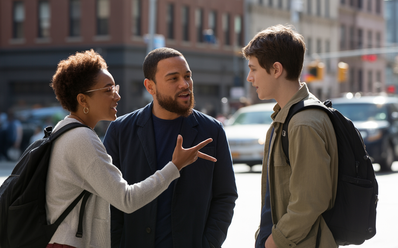 Trois jeunes adultes discutent sur un trottoir urbain, avec des bâtiments et des voitures en arrière-plan.