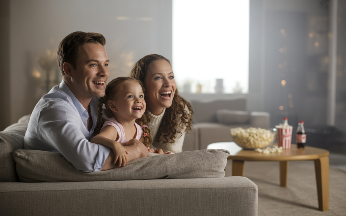 Une famille souriante, assise sur un canapé, regarde un film avec du popcorn et des boissons sur la table.