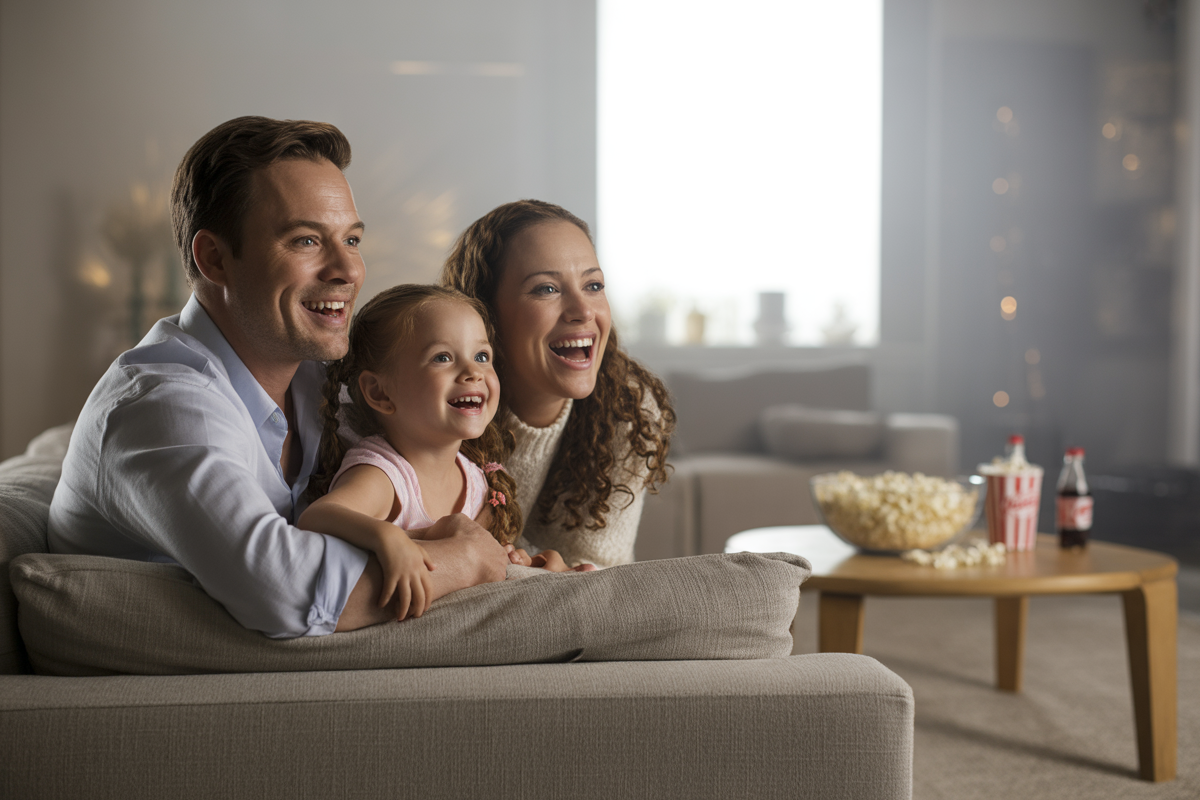 Une famille souriante, assise sur un canapé, regarde un film avec du popcorn et des boissons sur la table.