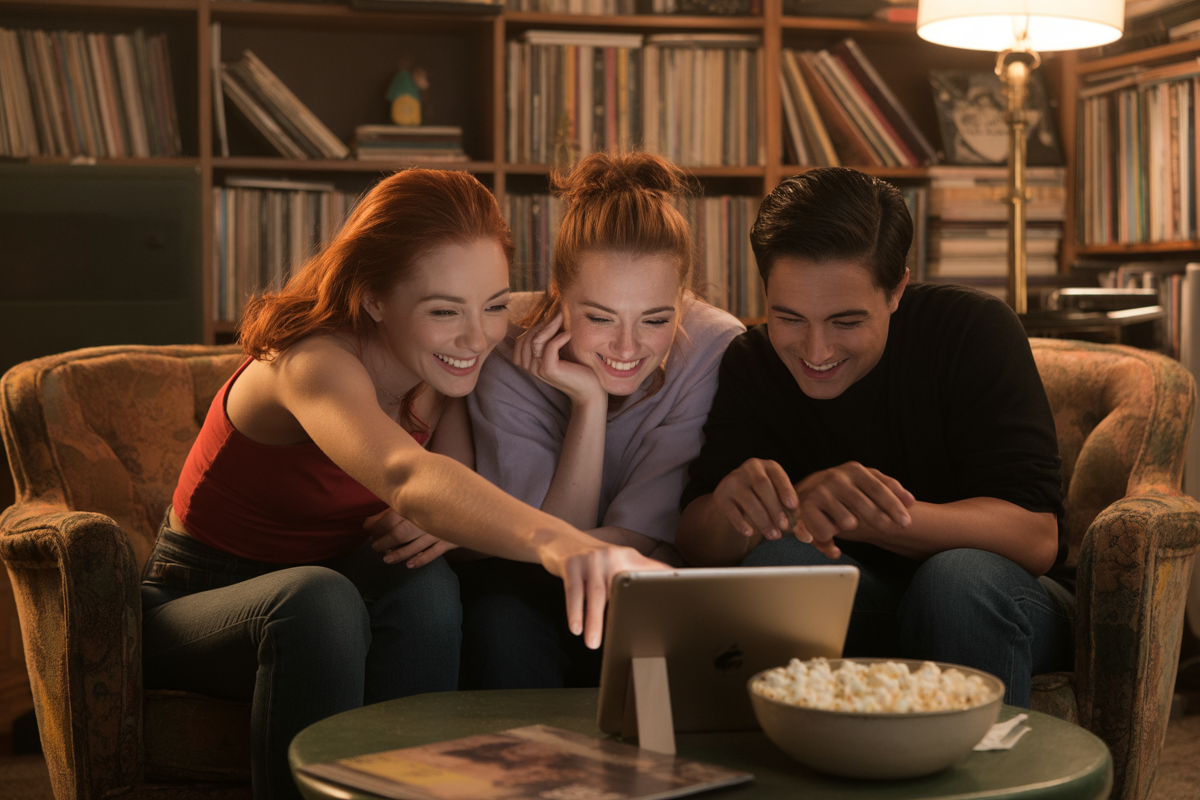 Trois jeunes amis rient ensemble sur un canapé, entourés de disques vinyles, regardant une tablette avec du pop-corn à proximité.