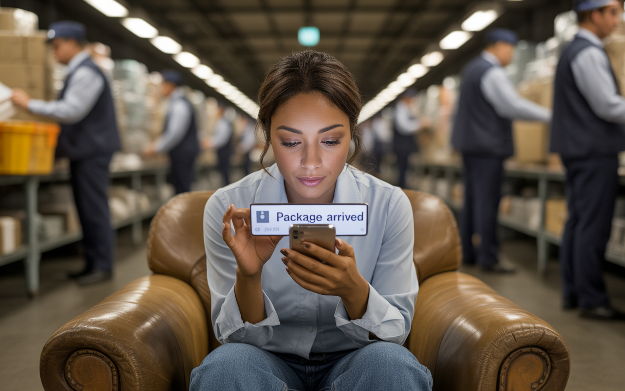 Une femme assise sur un fauteuil consulte son téléphone, affichant une notification de livraison dans un entrepôt animé en arrière-plan.
