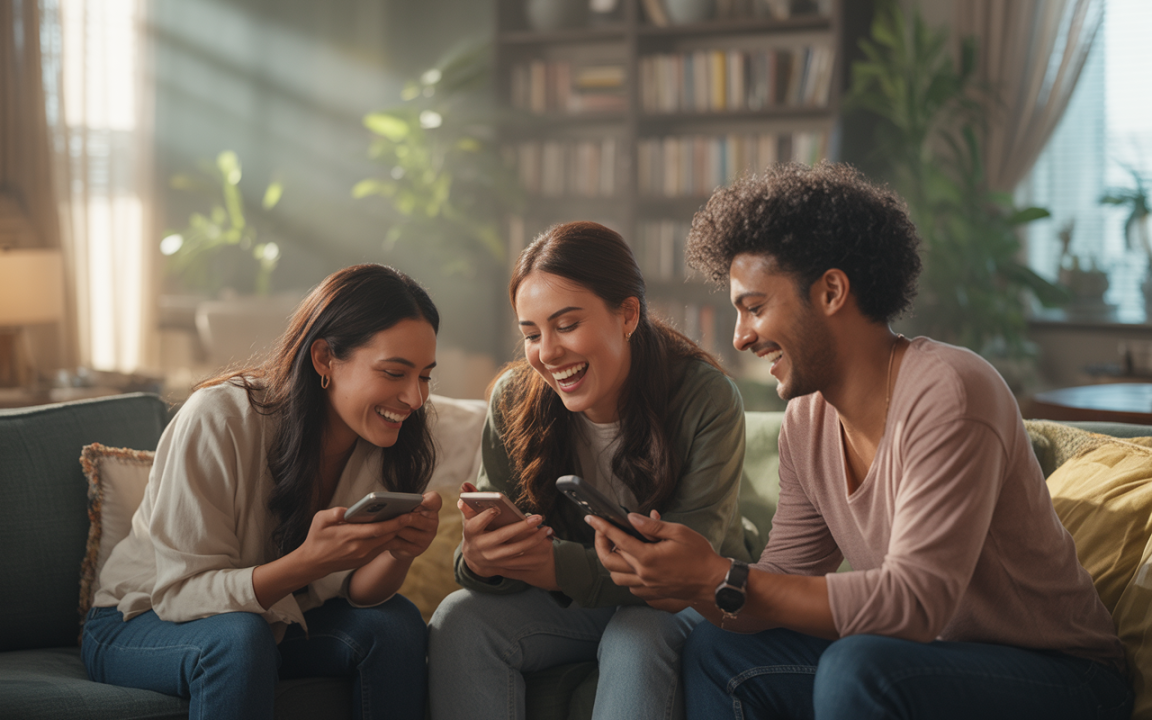 Trois amis rient ensemble sur un canapé, utilisant leurs téléphones dans un intérieur chaleureux et lumineux.