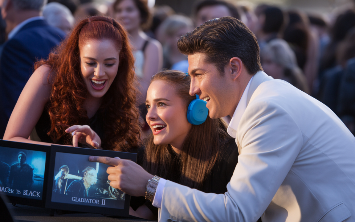 Trois jeunes adultes rient et s'amusent devant des affiches de films, avec une ambiance festive en arrière-plan.
