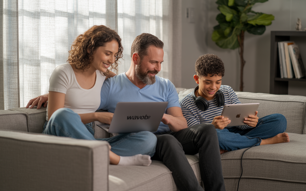 Une famille souriante sur un canapé, utilisant un ordinateur portable et une tablette, dans un salon lumineux et confortable.