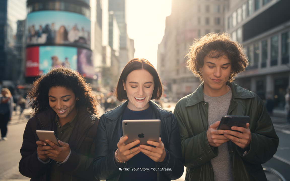 Trois jeunes souriants utilisent des appareils mobiles dans une rue animée, avec de grands panneaux publicitaires en arrière-plan.
