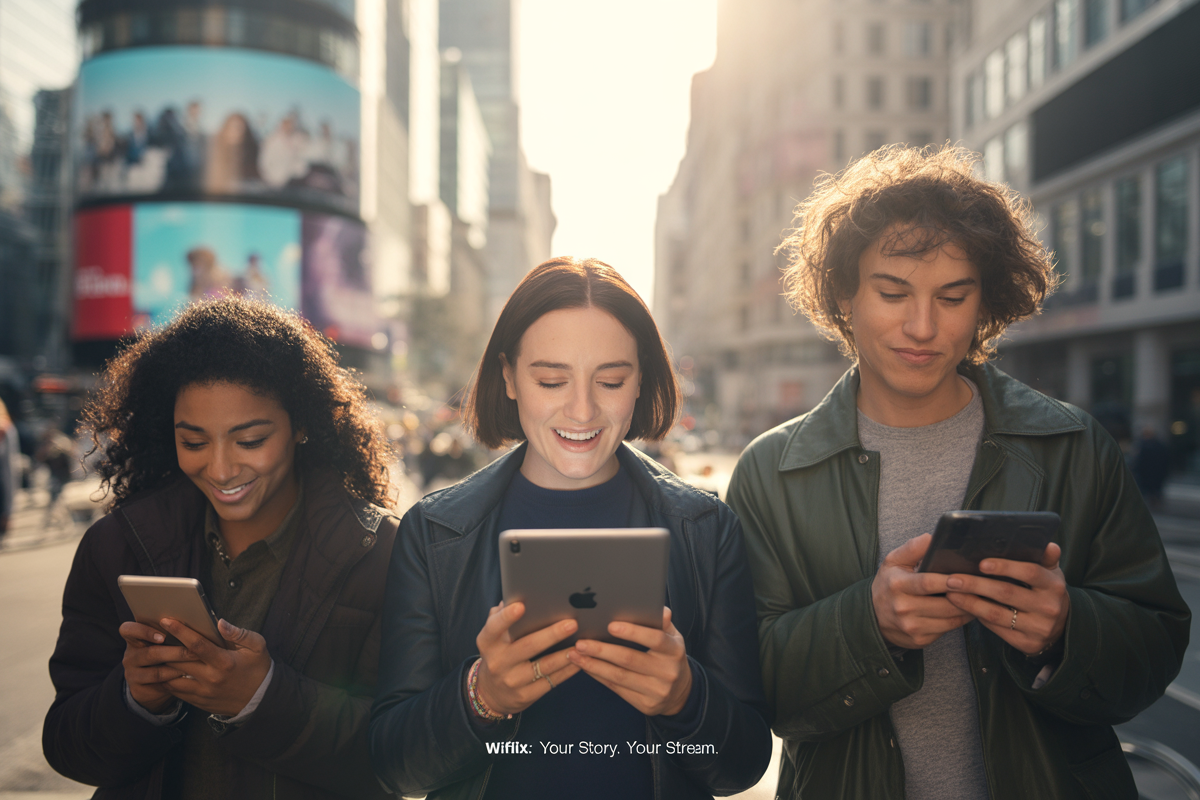 Trois jeunes souriants utilisent des appareils mobiles dans une rue animée, avec de grands panneaux publicitaires en arrière-plan.