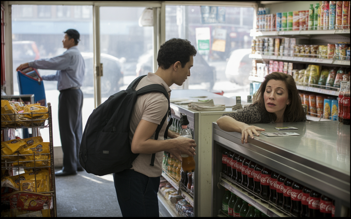 Un jeune homme avec un sac à dos interagit avec une femme derrière le comptoir d'un magasin. Un client se trouve au fond.