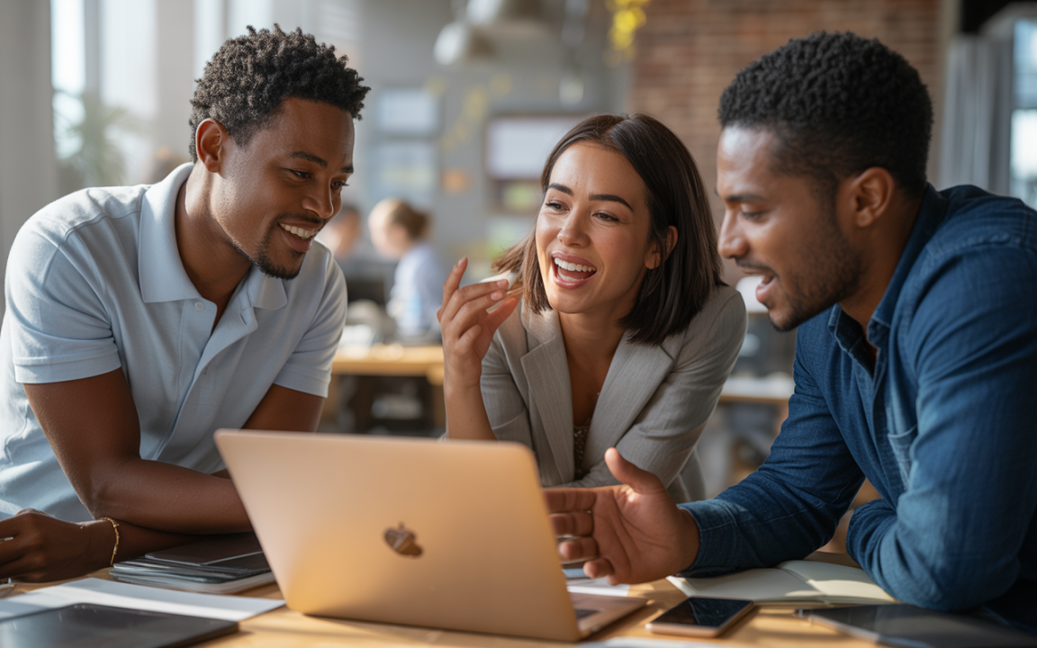 Trois personnes souriantes collaborent autour d'un ordinateur portable dans un environnement de bureau lumineux et moderne.