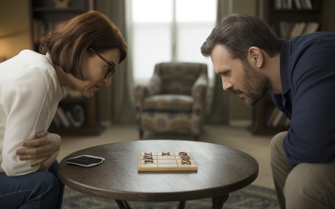 Un homme et une femme se concentrent sur une partie de morpion sur une table basse, avec un mobilier de salon en arrière-plan.
