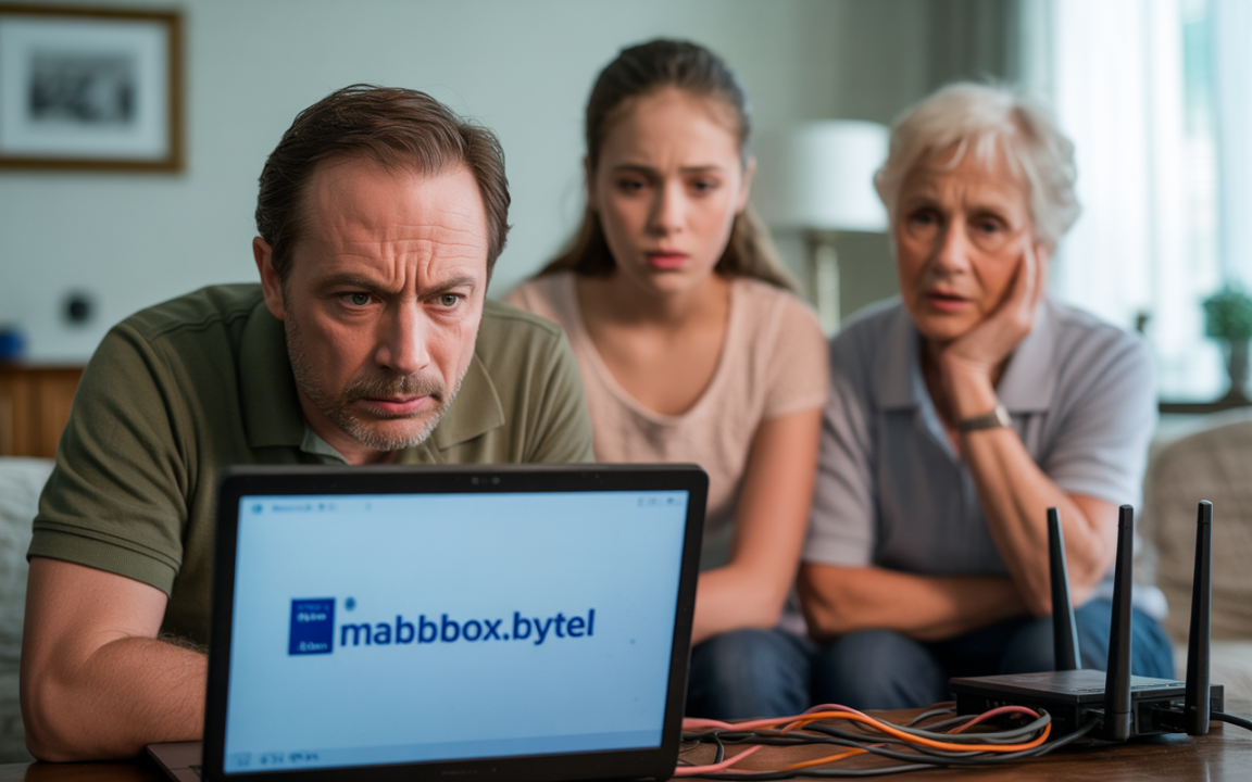 Trois personnes, préoccupées, regardent un ordinateur portable affichant un site web avec un routeur à proximité.