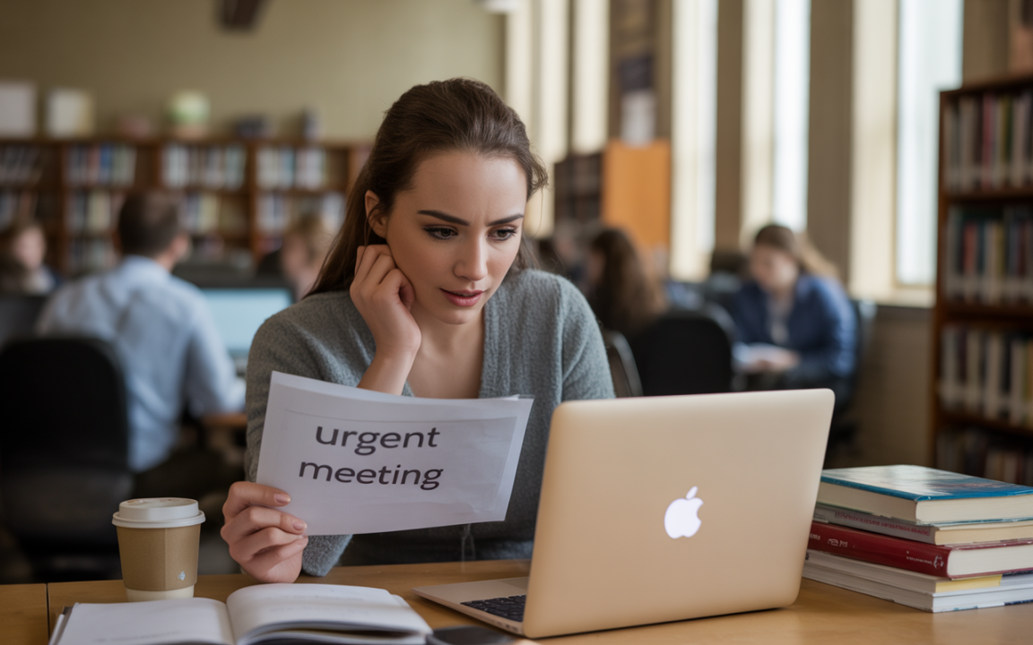 Femme concentrée devant un ordinateur, tenant une feuille marquée "urgent meeting", dans une bibliothèque animée avec des étudiants.
